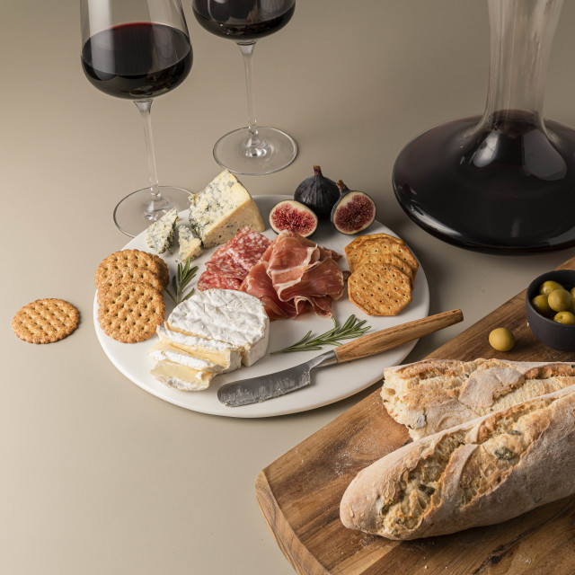Yuppiechef Porcelain Cheese Platter, 30cm with cheese and wine