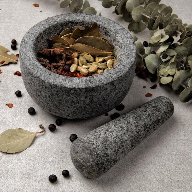Humble & Mash Granite Pestle & Mortar, 12cm on the table