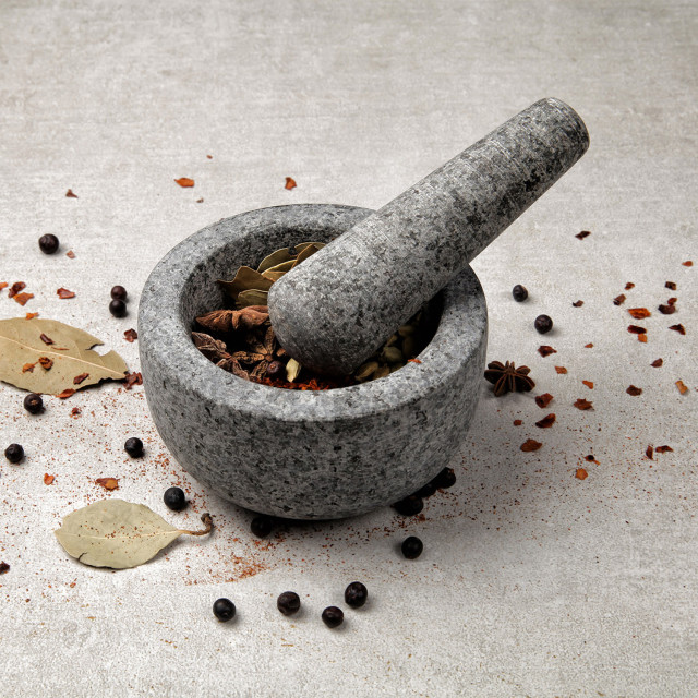 Humble & Mash Granite Pestle & Mortar, 12cm on the table