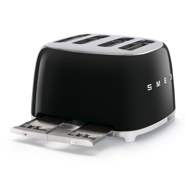 Smeg Retro 2000W 4 Slice Square Toaster, Black open crumb tray