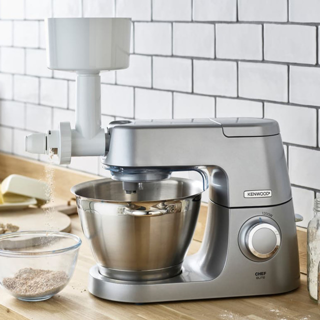 Kenwood Chef & Chef XL Stand Mixer Grain Mill Attachment on the kitchen counter