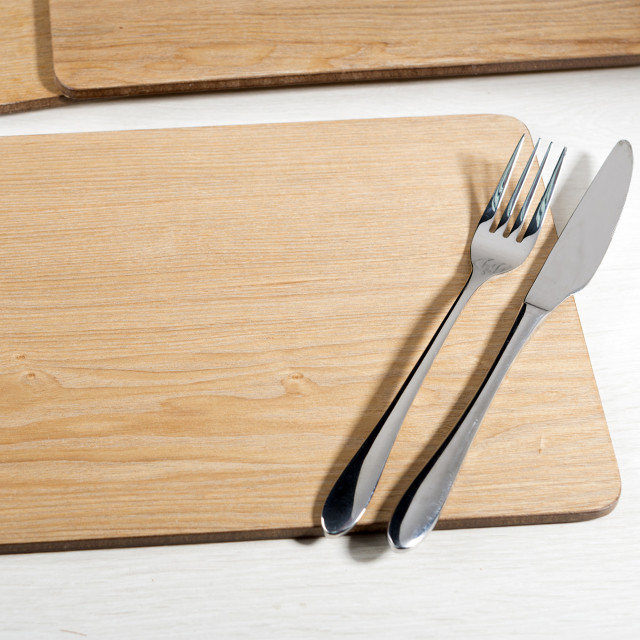 Creative Tops Naturals Rectangular Oak Veneer Placemats, Set of 4 with a fork and knife