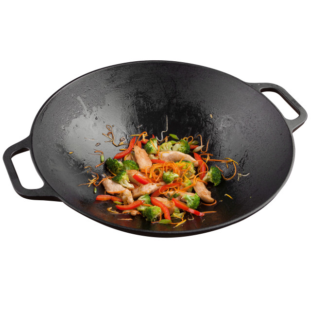 Lifestyle image of Victoria Seasoned Cast Iron Wok with Handles, 36cm