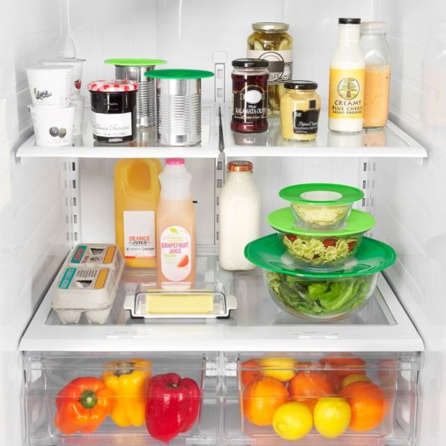 OXO Good Grips Reusable Silicone Lids on bowls, in the fridge