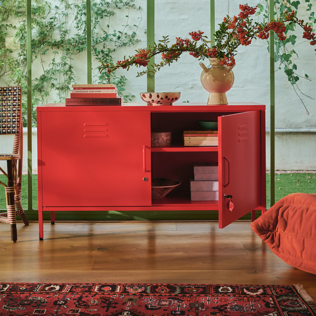 Popstrukt Sugar Cube Media Unit - Red Polka with decorative books and vases