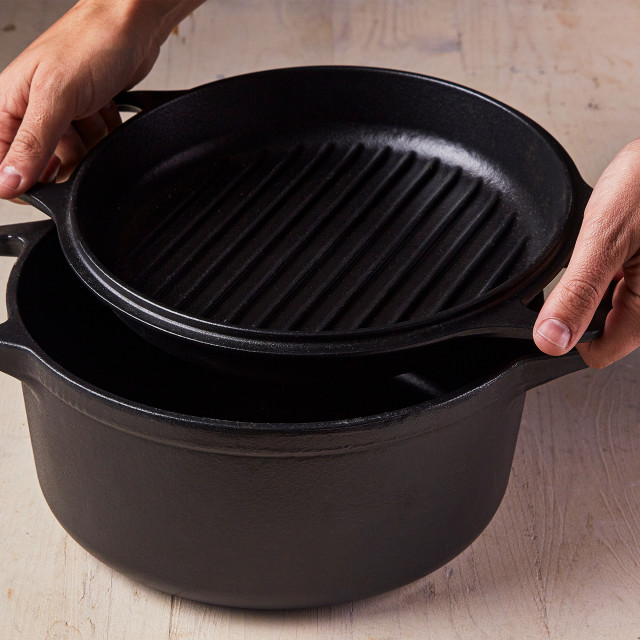 Lifestyle image of Victoria Seasoned Cast Iron Casserole with Reversible Grill Pan Lid, 5.7L