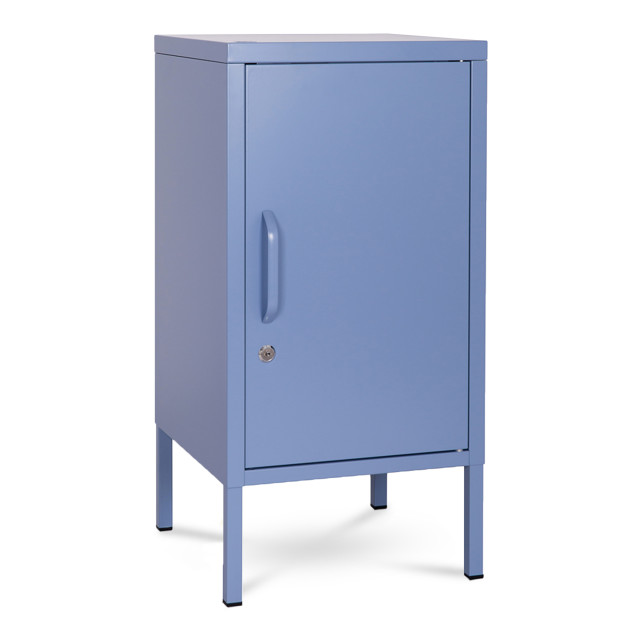 Popstrukt Sugar Cube Side Table - Pigeon Blue next to the bed