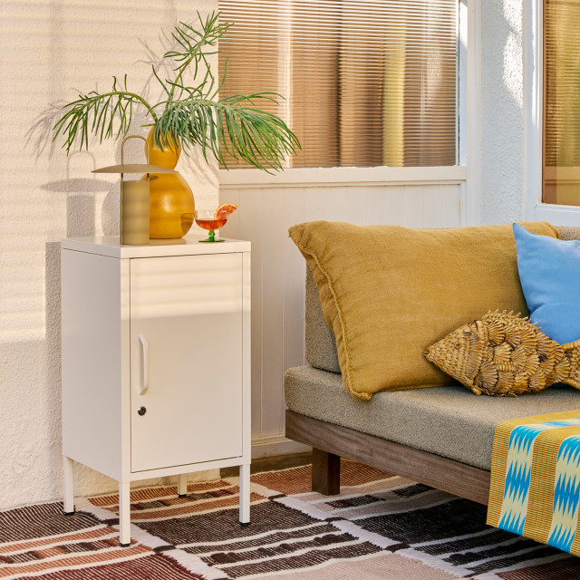 Popstrukt Sugar Cube Side Table - Soft White next to a couch