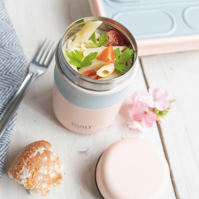 Built Insulated Stainless Steel Food Flask, 473ml - Pale Pink on the table with food