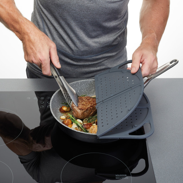 MasterClass Smart Space Silicone Folding Splatter Guard, 30cm on a pan with food