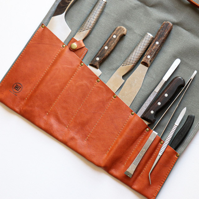 Lifestyle image of Pieter De Jager Canvas & Leather Knife Roll Bag