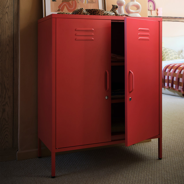 Popstrukt Sugar Cube Storage Cabinet - Red Polka in the bedroom