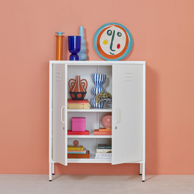 Popstrukt Sugar Cube Storage Cabinet - Soft White with decor