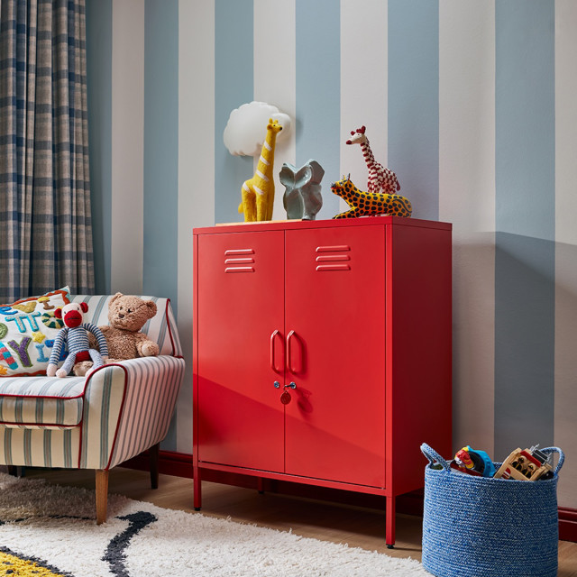 Popstrukt Sugar Cube Storage Cabinet - Red Polka in the bedroom