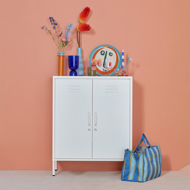 Popstrukt Sugar Cube Storage Cabinet - Soft White with decor