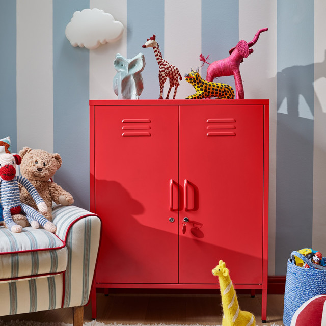 Popstrukt Sugar Cube Storage Cabinet - Red Polka in the bedroom