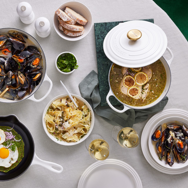 Le Creuset Snack Bowl, 12cm with bread in next to pot of mussels