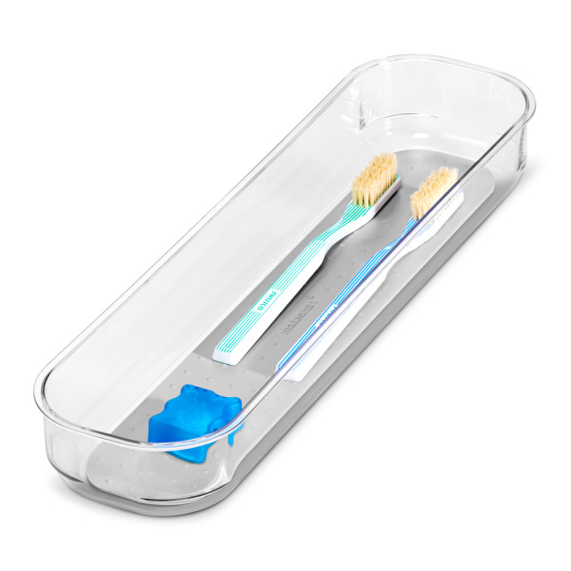 Madesmart Clear Soft-Grip Storage Bin, 36cm x 9cm with toothbrushes