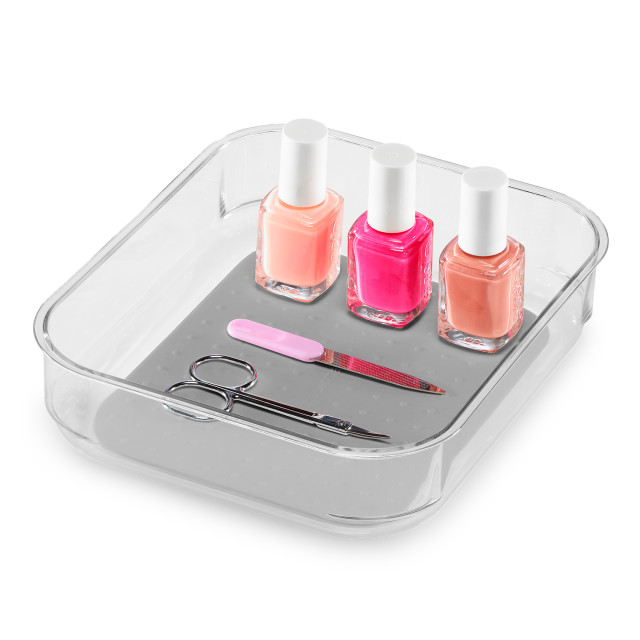 Madesmart Clear Soft-Grip Storage Bin, 20cm x 17cm with nail polish and tools