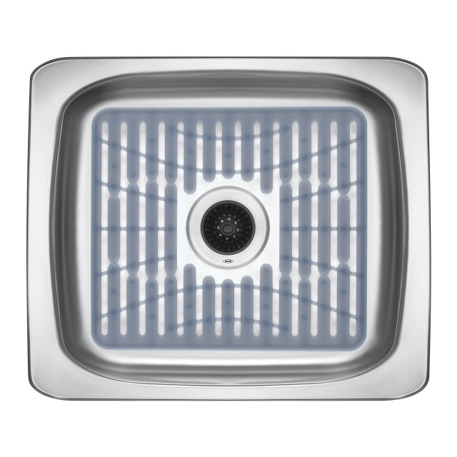 OXO Good Grips Small Silicone Sink Mat in sink with centre drain
