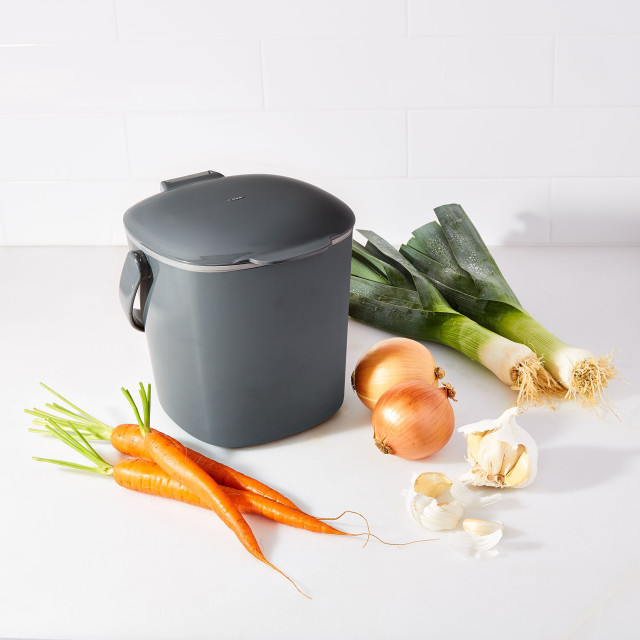 OXO Good Grips Easy-Clean Compost Bin Charcoal - 2.83 L next to vegetables