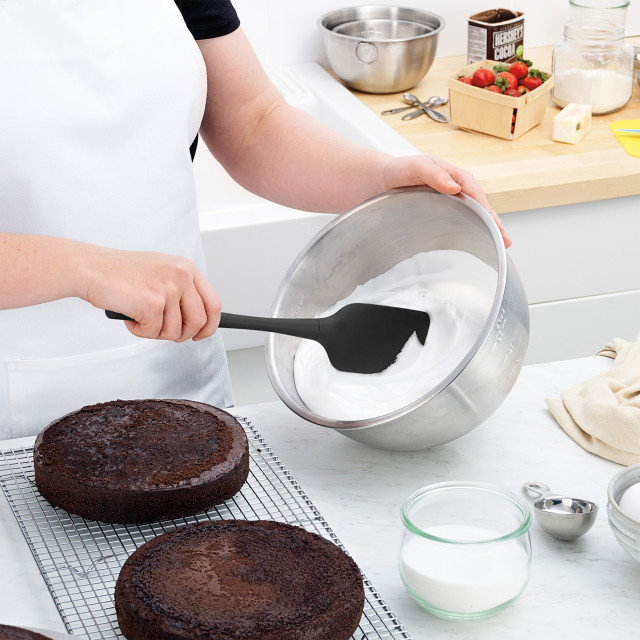 Tovolo Flex-Core All Silicone Spoonula - Black with cake and icing