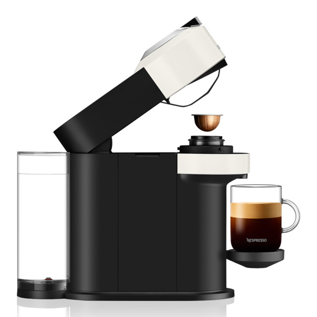 Nespresso Vertuo Next Coffee Machine angle with a coffee pod