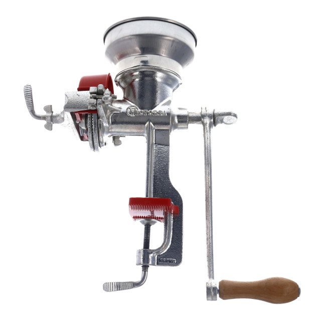 Victoria Cast Iron Manual Grain Grinder with Low Hopper side view