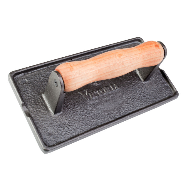 Victoria Matte Black Enamelled Cast Iron Bacon & Meat Press with Wooden Handle product shot