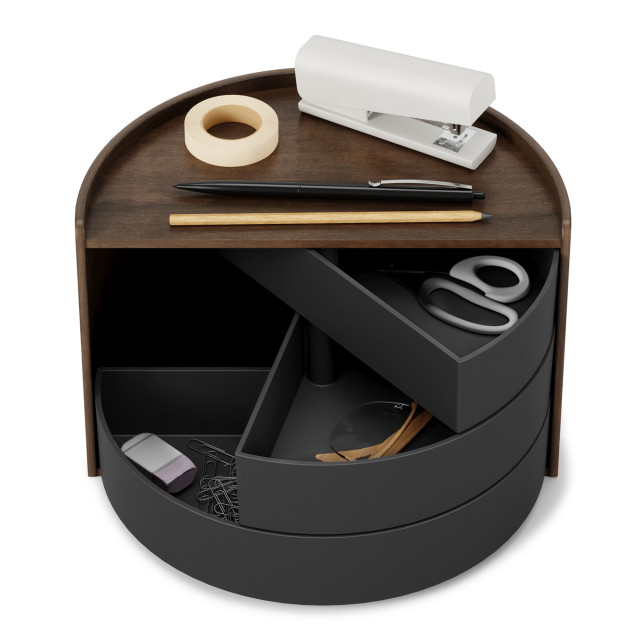Umbra Moona Cosmetics & Jewellery Storage Box - Black & Walnut angle with stationery 