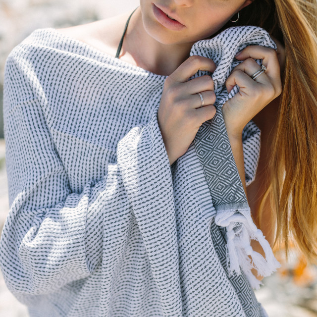 The Cotton Company Dimanta Stripe Turkish Towel - Dark Grey in use