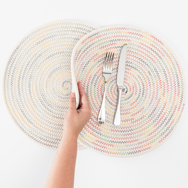 Humble & Mash Round Placemat, Set of 2 - Blue & Yellow in use