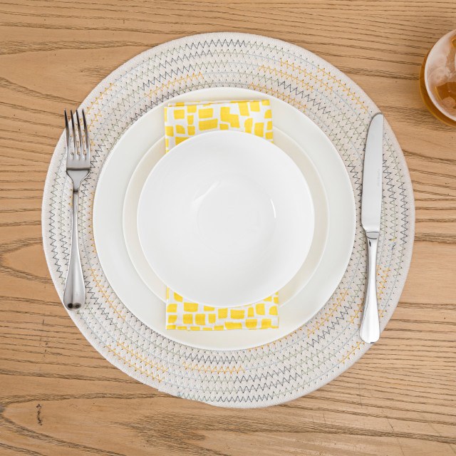 Humble & Mash Round Placemat, Set of 2 - Blue & Yellow in use