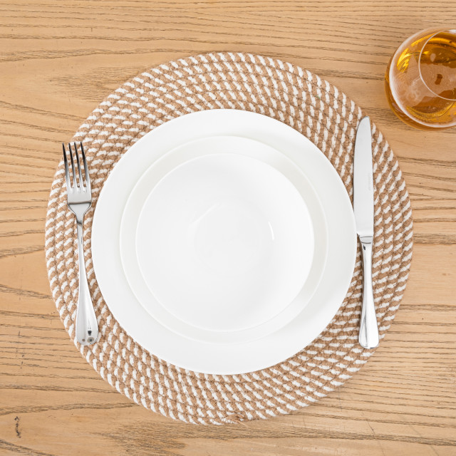 Humble & Mash Round Jute Blend Placemat, Set of 2 - Natural Jute in use