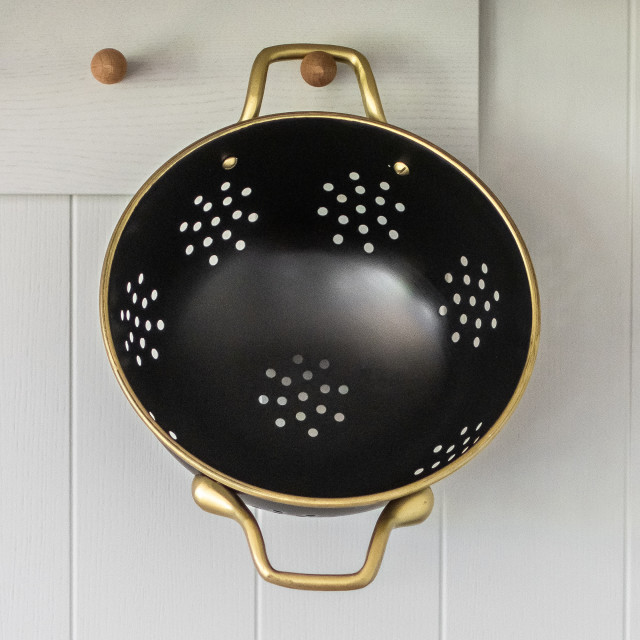 MasterClass Stainless Steel Matte Black & Brass Colander, 24cm in use