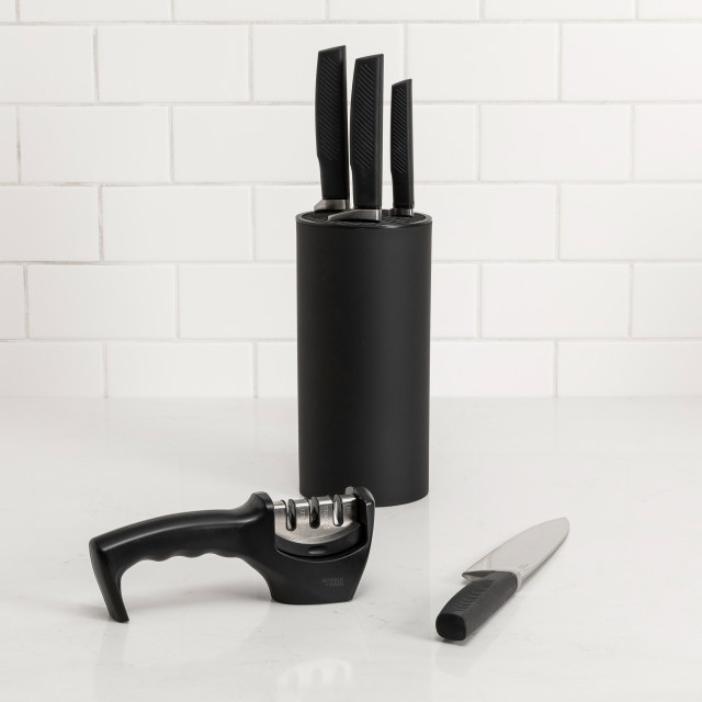 Humble & Mash Humble & Mash Pull-through Knife Sharpener next to knife set. Knife set not included.