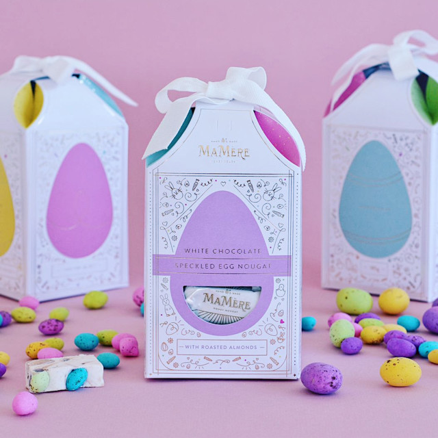 MaMere Confections White Chocolate Speckled Egg Nougat Gift box in use
