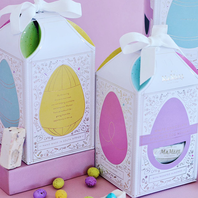 MaMere Confections White Chocolate Speckled Egg Nougat Gift box in use