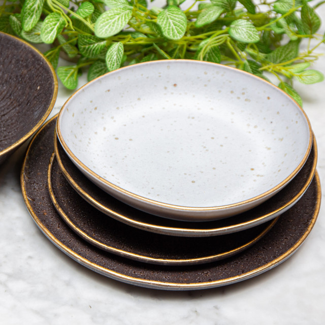 Vista Alegre Gold Stone Stoneware Starter or Dessert Plates, Set of 4 in use