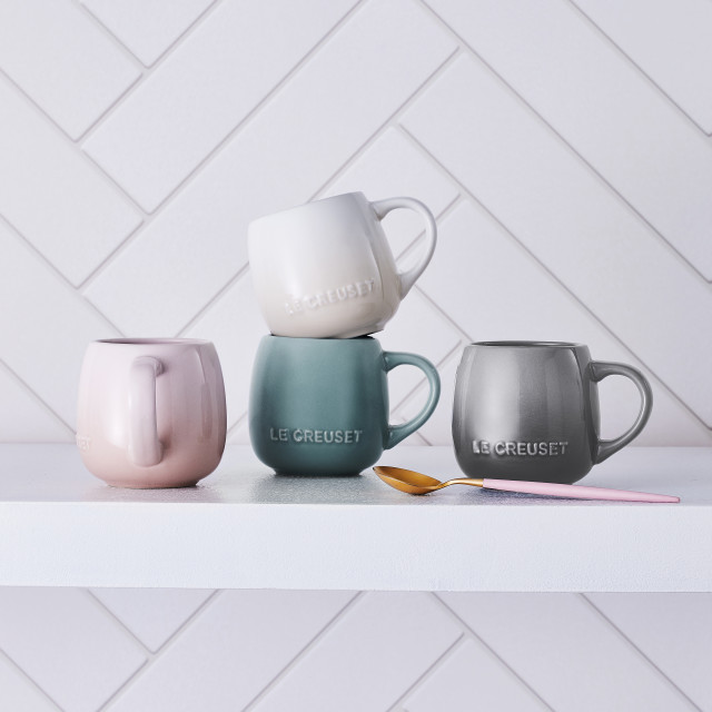 Le Creuset Coupe Collection Sphere Mug, 320ml - Sea Salt in use