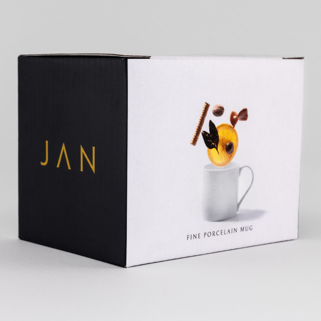 Jan White Coffee Mug In Gift Box packaging shot