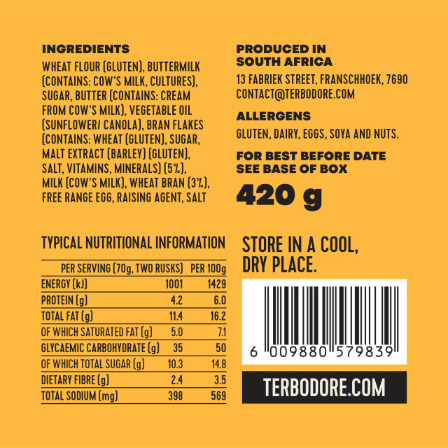 Terbodore Bakery Bran Rusks, 420g detail shot