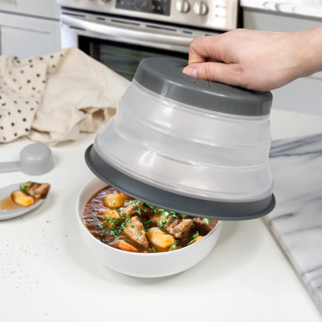 Tovolo Collapsible Microwave Food Cover & Colander - Small in use