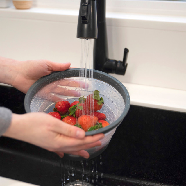 Tovolo Collapsible Microwave Food Cover & Colander - Small in use
