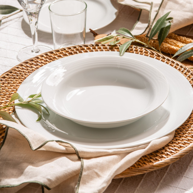 Noritake Arctic White Soup Bowls, Set of 4 on a dinner table at a table setting