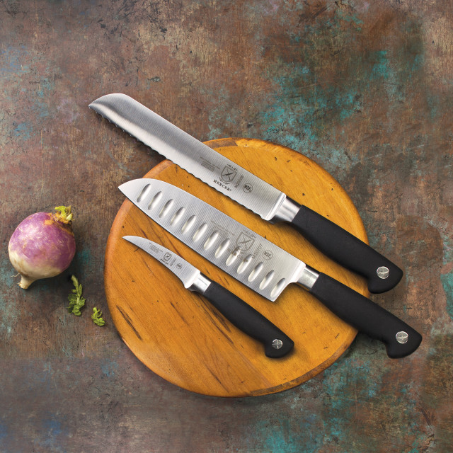 Mercer Culinary Genesis Granton Edge Santoku Knife, 18cm in use