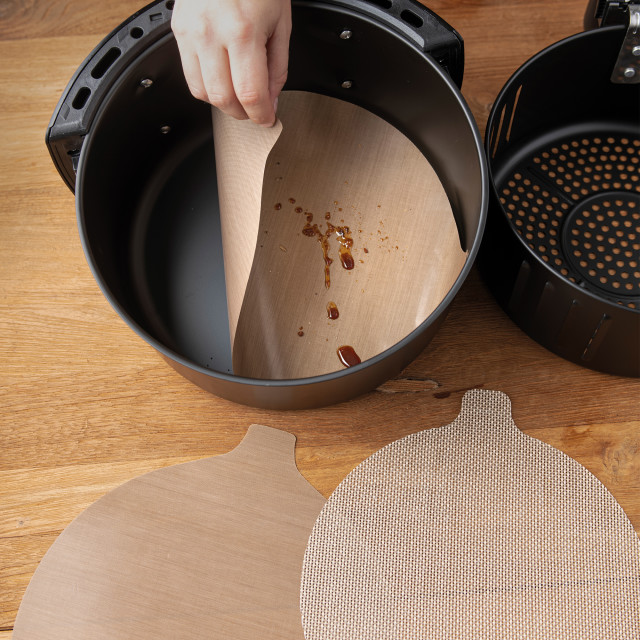 NoStik Reusable Air Fryer Liners, Set of 2 in use