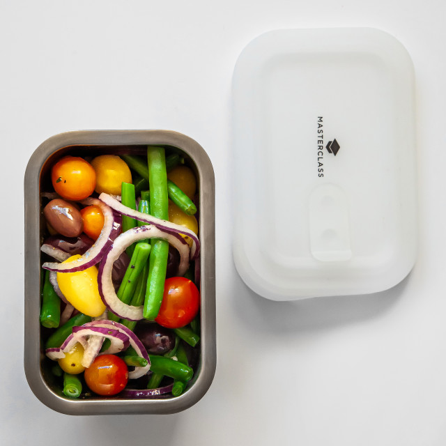 MasterClass All-in-One Stainless Steel Food Storage Dish, Sleeved - 500ml open with food