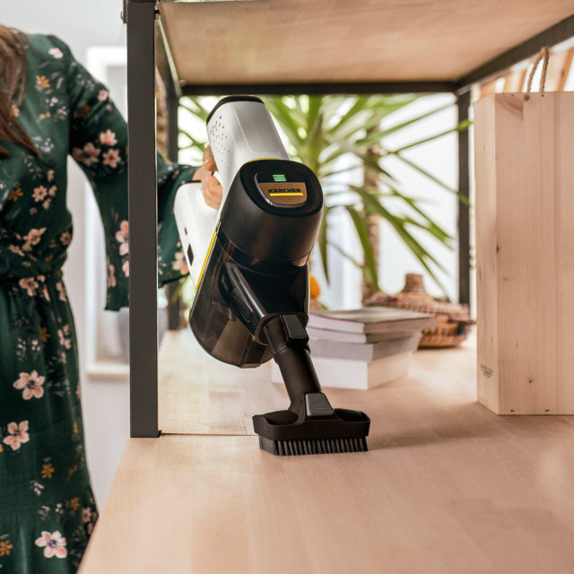 Karcher VC6 Cordless ourFamily Vacuum Cleaner on a shelf