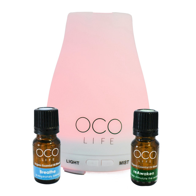 OCO Life Small White Diffuser with 2 10ml oils Breathe & ReAwaken, 120ml Product Image